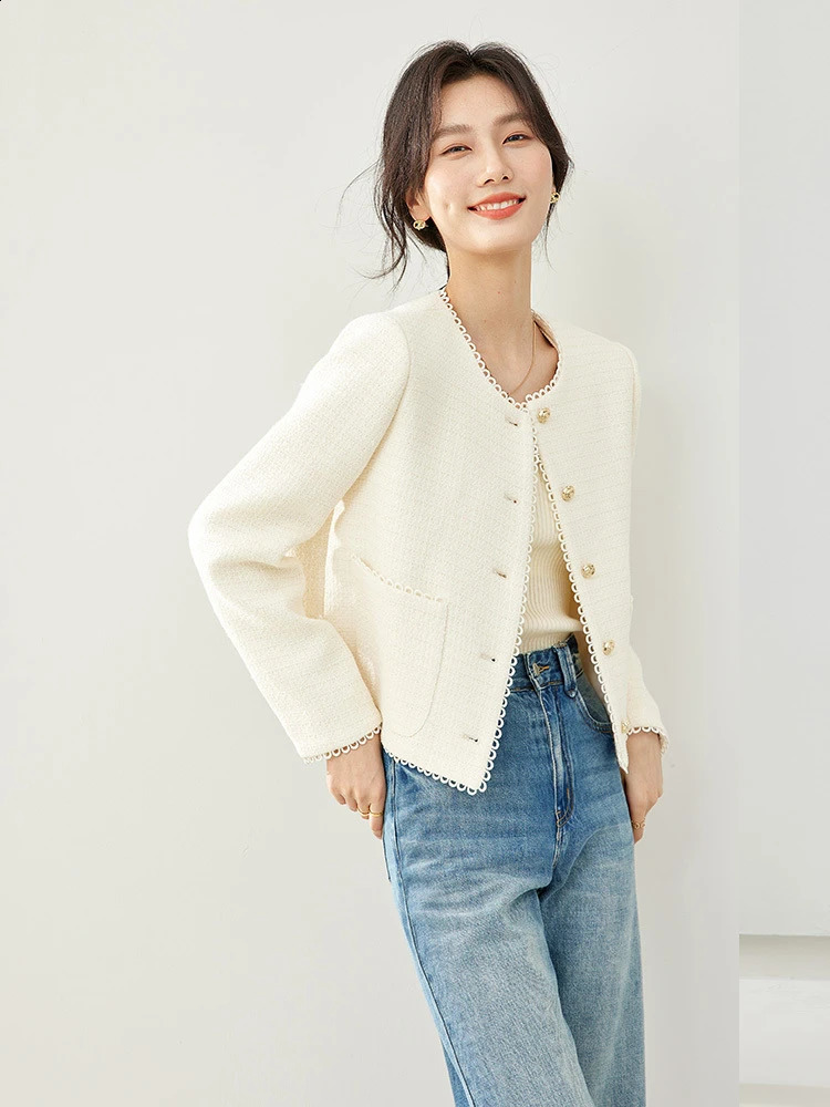 Vimly Women Elegant Cropped Tweed Jacket Woman Spring French Style O-neck Single Breasted Short Coat Female Outerwear M6655 240812