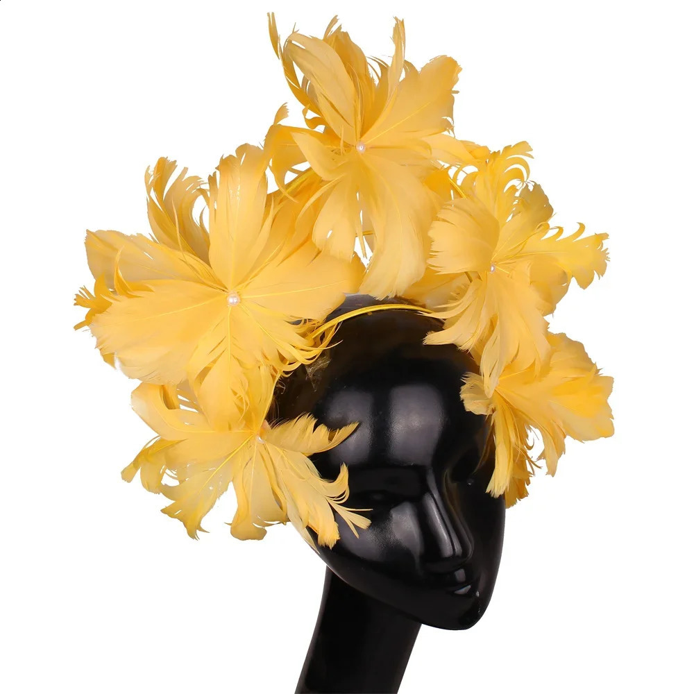 Feather Flower Women Headdress Small Top Hat Fancy Hair Hoop Pearl Hair Headpieces Millinery 240808