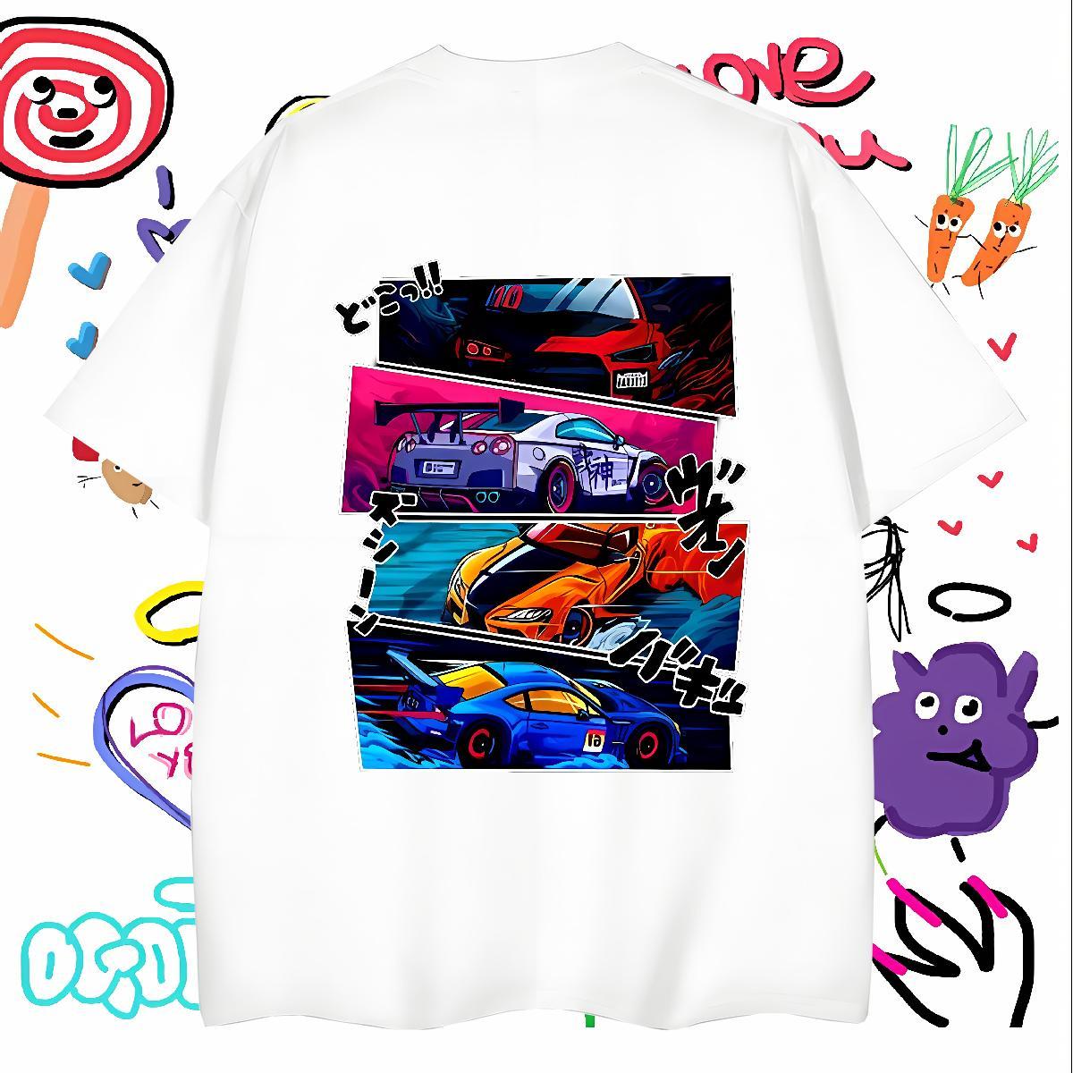 Unisex car T-Shirts for Men Anime Printing Street Tshirts 230g 100% Cotton Fashion Short Sleeve Soft Black White Top Tees