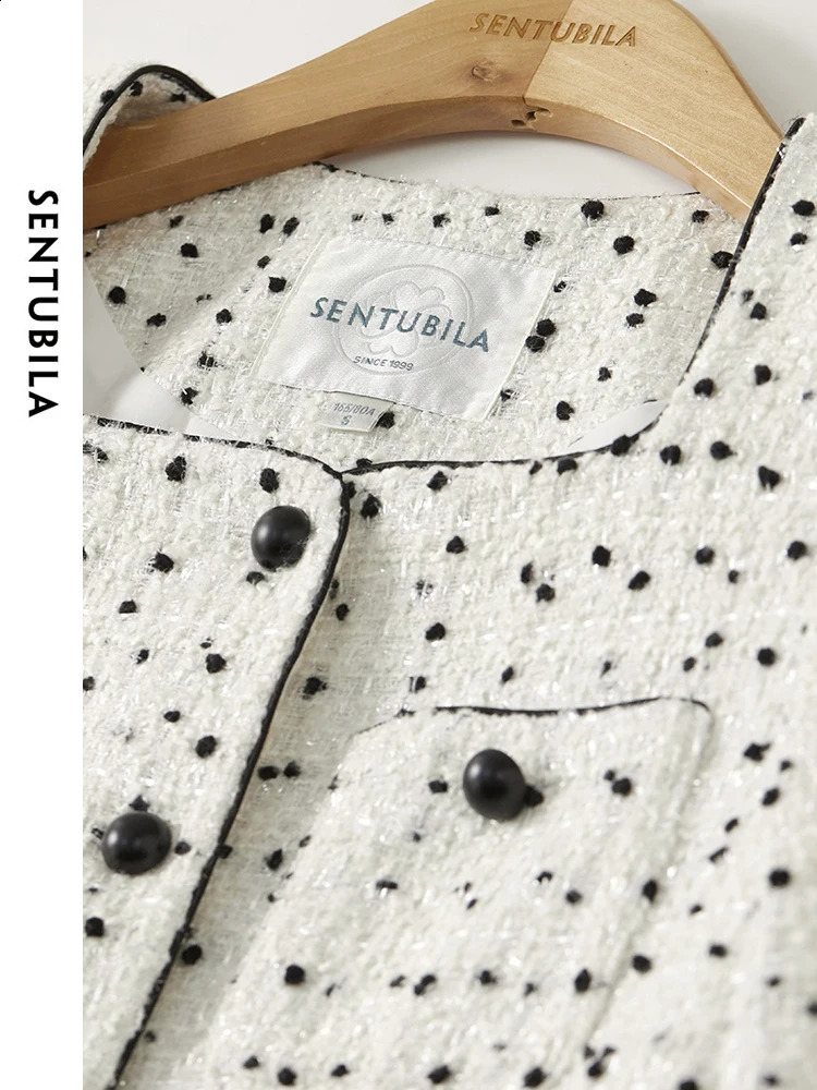 SENTUBILA Black Dot Cropped Tweed Jacket Women Spring Autumn Outerwear Elegant Long Sleeve Square Collar Coat 141W52942 240812