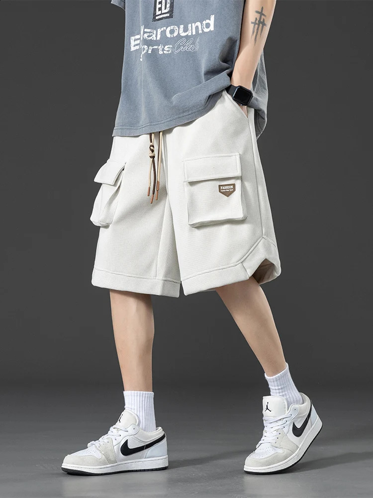 2024 Summer Knit Cargo Shorts Men Multi-Pockets Hip Hop Baggy Sweat Short Pants Y2K Streetwear Casual Shorts Plus Size 8XL 240812