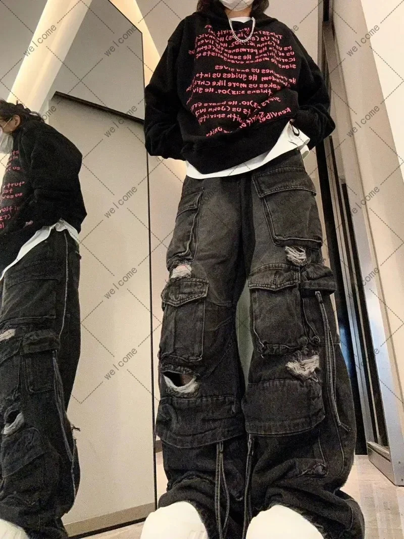 Harajuku ripped multi pocket Y2K high waisted jeans clothing 2000s hiphop street slim straight wide leg cargo bag pants 240807