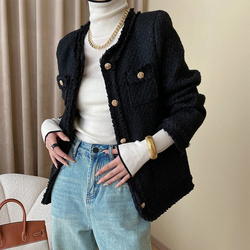 High-end Wool Blend Tweed Coat Women Simple Solid Single Breasted O-neck Elegant Long Sleeve Spring Autumn Jackets 240812