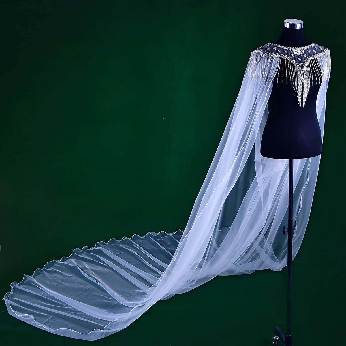 Gorgeous Long Wedding Wrap Beaded Tassel Crystal Beading Tulle Sleeveless Bride Shawl For Strapless Bridal Dress High Quality