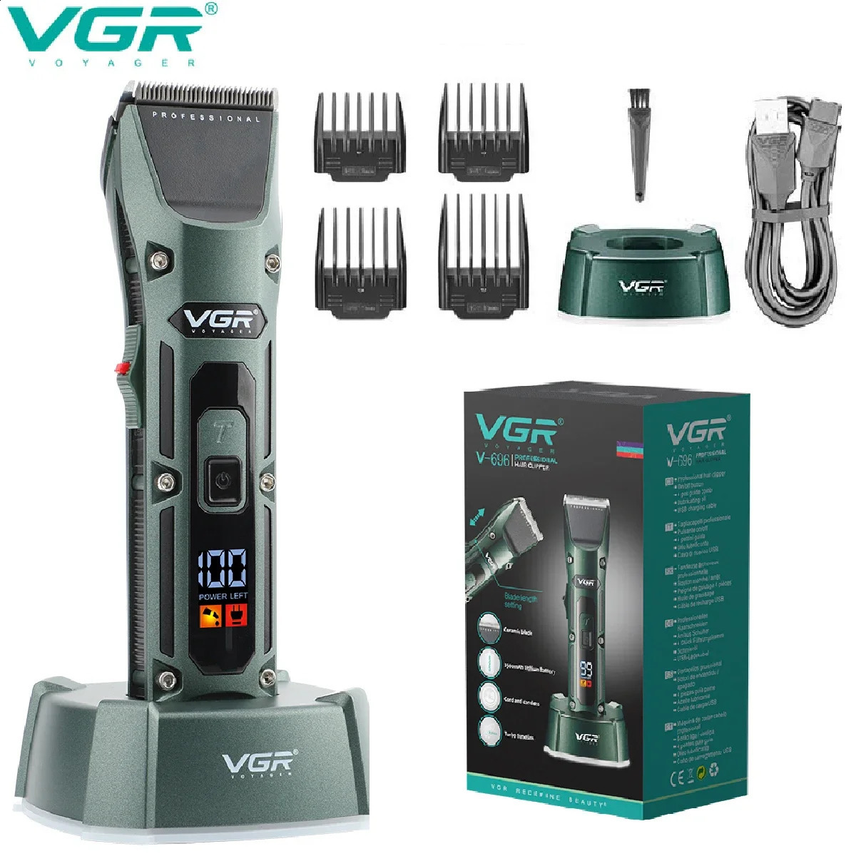 VGR Hair Clipper Professional Hair Trimmer Rechargeable Hair Cutting Machine Cordless with Charging Base Clipper for Men V-696 240806