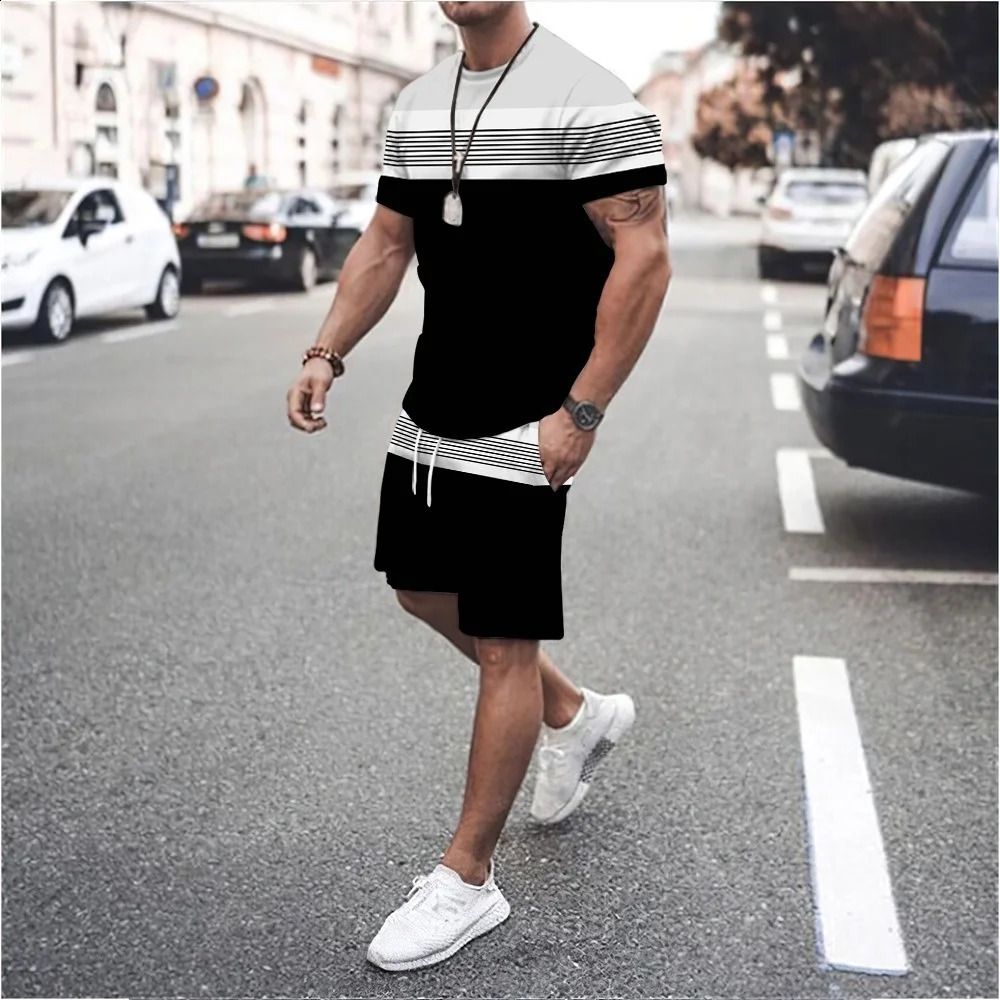 Mens Sports Suit T shirt Solid Color Casual Plus Size Tracksuit Man Summer Clothing Streetwear Male Shorts Two Piece Sets 240812