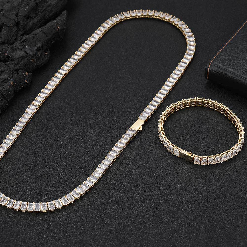 Hip Hop 7mm Square 5A Zircon Tennis Chain Necklace Real Gold Plated Mens Jewelry Set