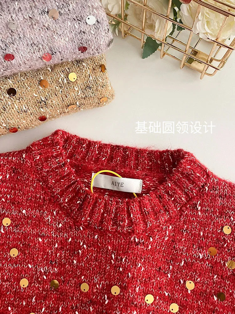 American Christmas Sequins Sweater Women Oversized Knitted Jumper Loose Korean Fashion Sweet Pullover High Quality Preppy Style 240812