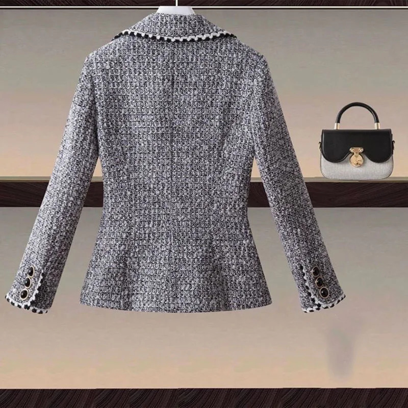 Fashion Spring Autumn Blazers Women Jacket Color Matching Tweed Suit Collar Long Sleeve One Buckle Small Fragrance Coat 240812