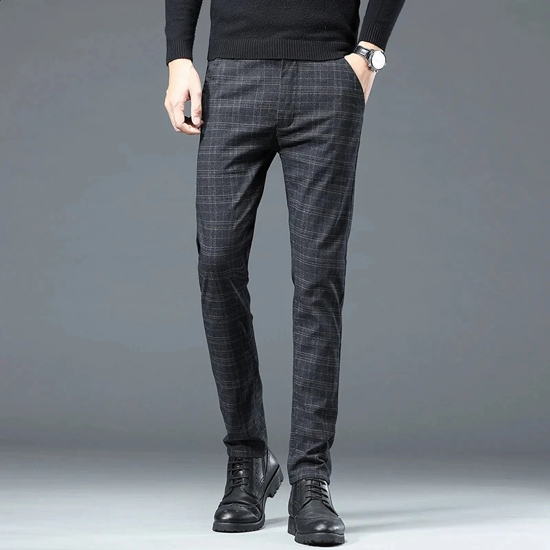 Spring Autumn Korea Business Men Pants Cotton Comfortable Elastic Plaid Casual Fashion Trousers Male Suit Pant 240810