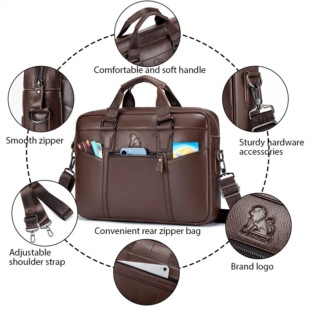 Cowboy leather mens briefcase large capacity 15 inch computer bag business single shoulder carrying 240810