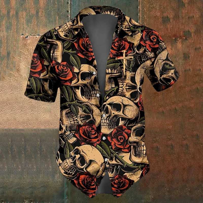 Summer Mens Skull Shirts Casual Short Sleeve Shirt For Men Black White Printed Mens Clothing Loose Oversized Lapel Shirts TopXJ240812