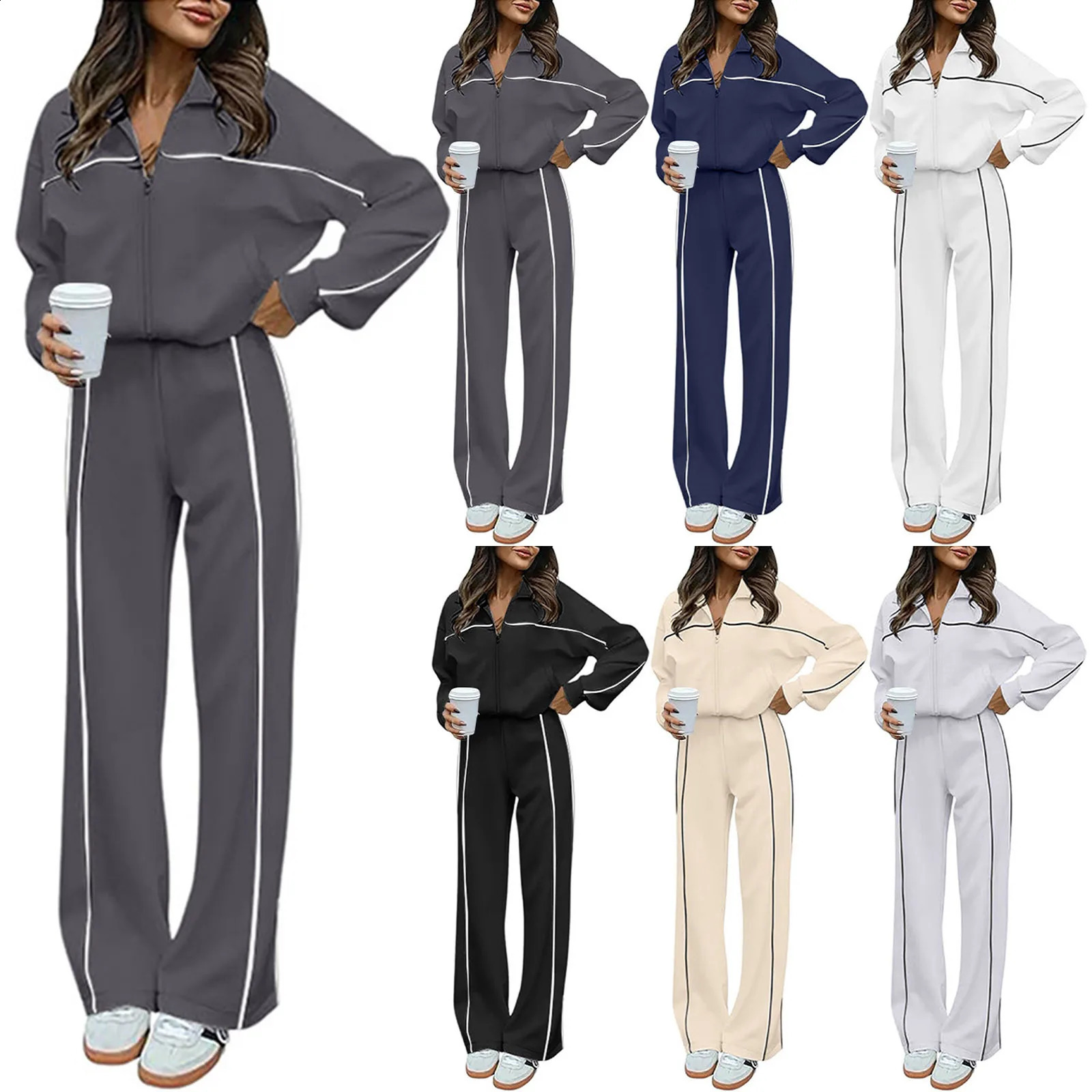 Womens Solid Color Sport Leisure Sweatshirt Casual Two Piece Suit For Autumn And Winter Dress plus Size Striped Skinny Outfit 240812