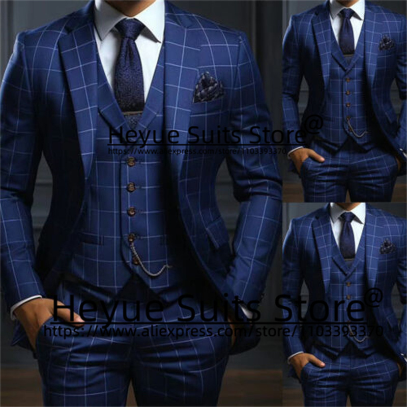 Navy Blue Plaid Luxuly Men Suits Slim Fit Notched Lapel Groom Formal Tuxedos Prom 3 Pcs Sets Business Male Blazer Costume Homme 240807