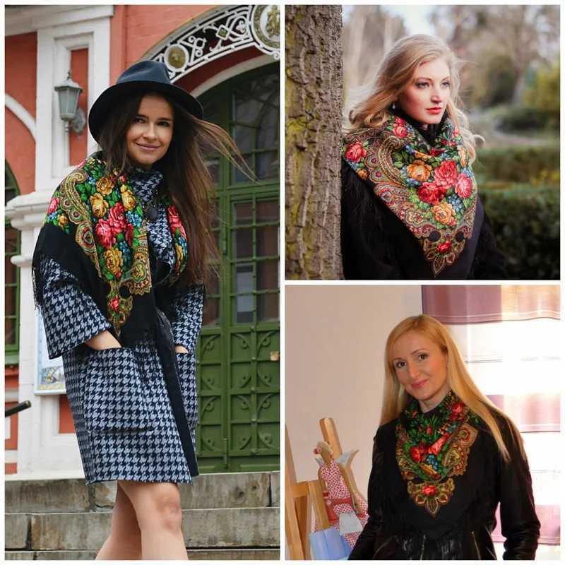 135 * 135cm Womens Russian Square Scarf Luxury Flower Printed Ribbon Scarf Babushka Hand Scarf Curly Blanket Shawl Head Bag W240810