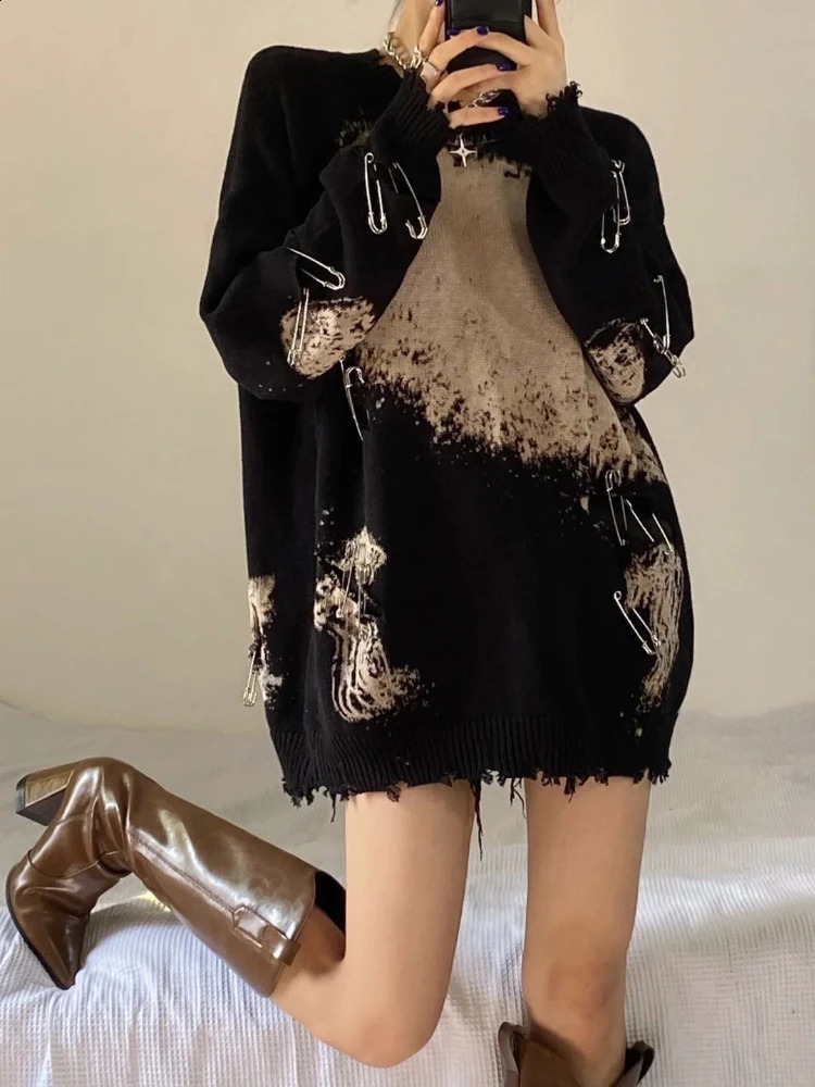 HOUZHOU Harajuku Gothic Sweater Women Streetwear Hollow Out Y2k Tops Autumn Winter Knitted Pullovers Oversized Vintage Sweater 240812