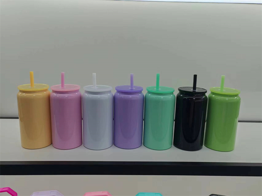 Sublimation 16oz stainless steel tumbler juice can bottle with colorful lids reusable straw beer Soda Can Cup drinking cups