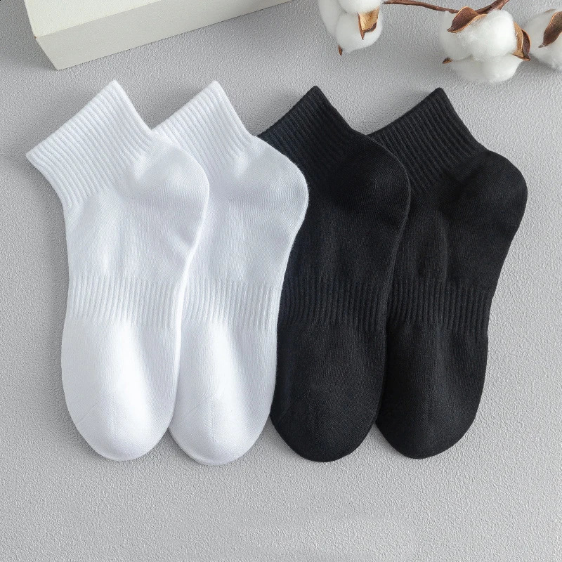 5 Pairslot 100% Cotton Mens Socks Spring Autumn Black White Absorption Womens Boat Socks Anti-Odor Breathable Sports Socks 240812