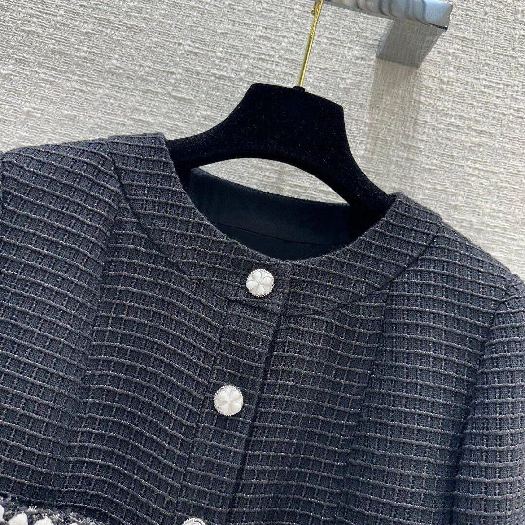 Runway fashion n black plain weave coarse woolen jacket womens retro Oneck lantern sleeve single chest pocket fashionable short 240808