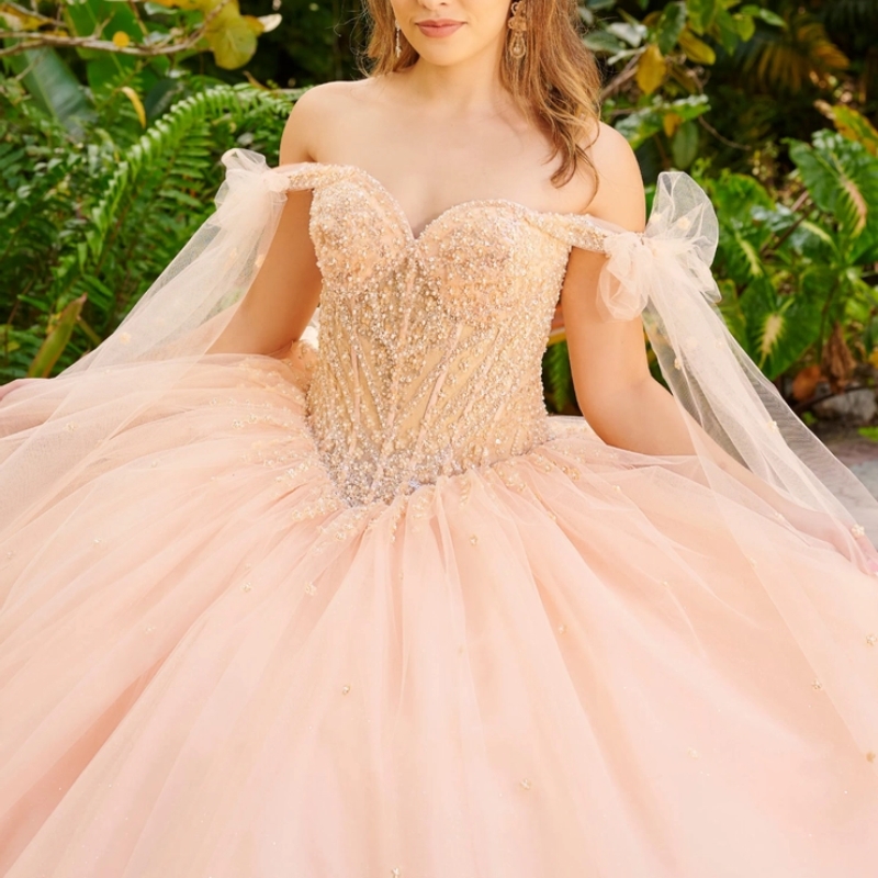 Champagne Quinceanera Dress Off The Shoulder Mexican Vestidos De 15 Beads Pearls Tull Princess Sweet 16 Birthday XV Ball Gown