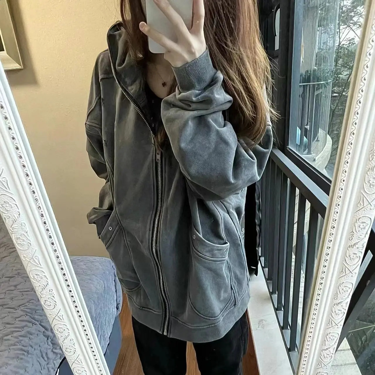 Spring and Autumn Miss Pure Cotton Make Old Washed Coat Hoodie Trendy HoodieAmerican Style Vintage Cardigan National Trend Loose 240812