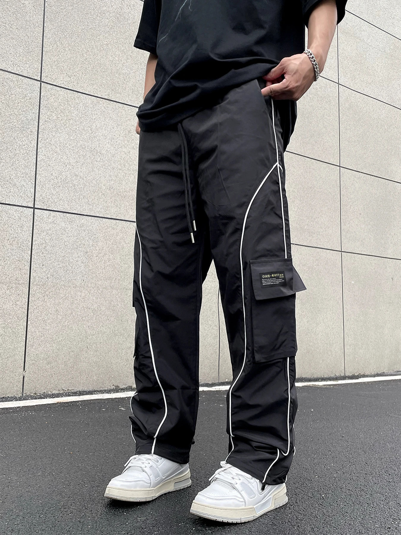 Y2K Solid Striped Contrast Trim Drawstring Pants Casual Loose Elastic Waist Pants For Spring Fall Mens Clothing 240812