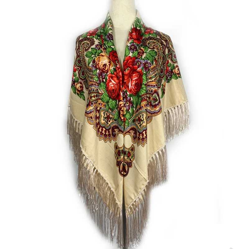135 * 135cm Womens Russian Square Scarf Luxury Flower Printed Ribbon Scarf Babushka Hand Scarf Curly Blanket Shawl Head Bag W240810