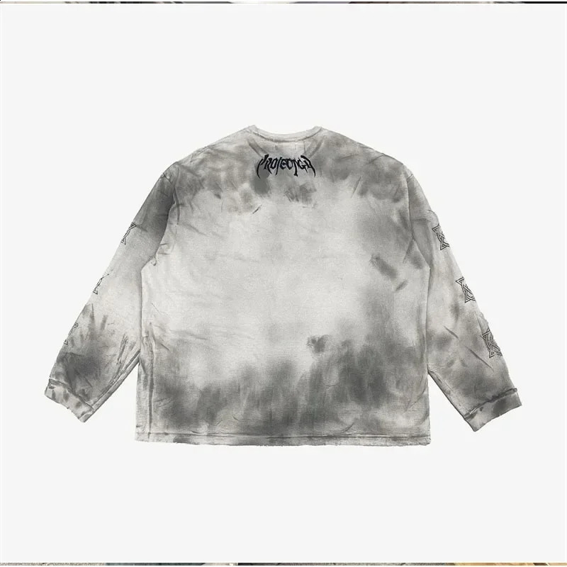 PROJECT G/R Limited Embroidery Retro Wash Old Silhouette Long Sleeve T-shirt Grey Apricot SML 240812