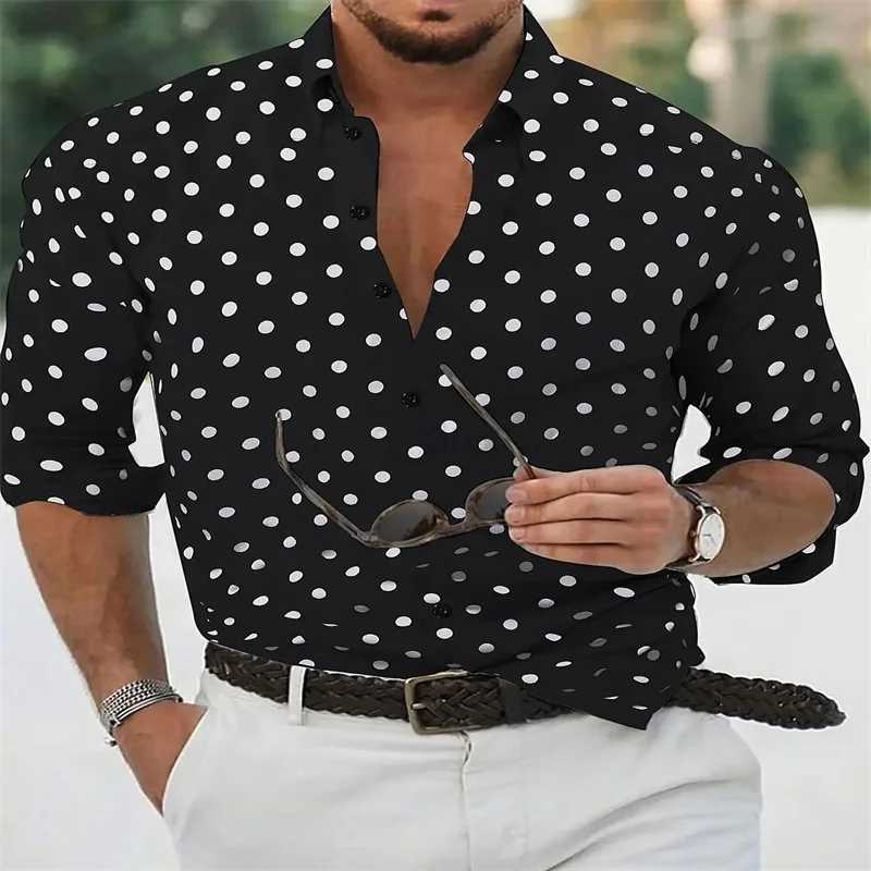 2024 Summer Mens Button Up Shirt Black and White Long Sleeve Collar Polka Dots for Daily Use Pretending Fashion Leisure andXJ240812