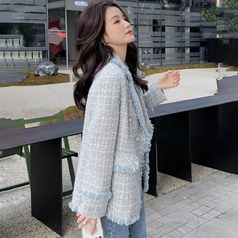 Spring Autumn Casual Woolen Suit Jacket Womens Outwear Fashion Loose Mid-Length Double-Breasted Burrs Chic Tweed Coat 240812