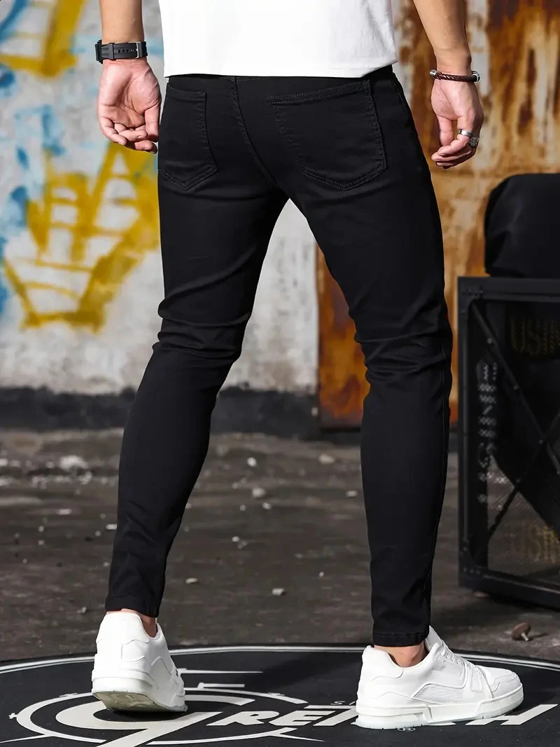Man Pants Retro Washing Zipper Stretch Jeans Casual Slim Fit Trousers Male Plus Size Pencil Pants Denim Skinny Jeans for Men 240812