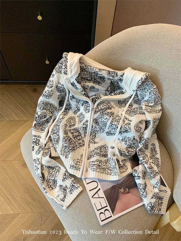 American Vintage Knitwear Hooded Cardigan Embroidery Print Women Loose Sweater Autumn Winter Y2k Streetwear Preppy Style 240812