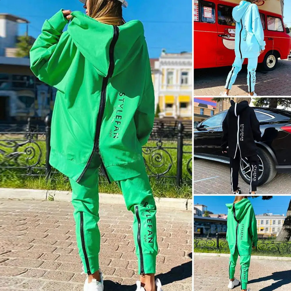 Tracksuit Women Two Piece Set Loose Back Zipper Long Hoodies Pants Set Autumn Thin Sportswear Pullover Streetwear Joggers 240812