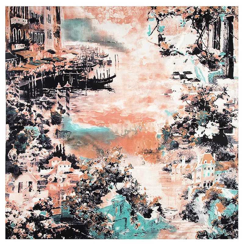 Classic New Oil Painting House Water Village Ship Womens Brand Twill Silk Square Scarf Womens Kerchief Scarf Womens Shawl W240810
