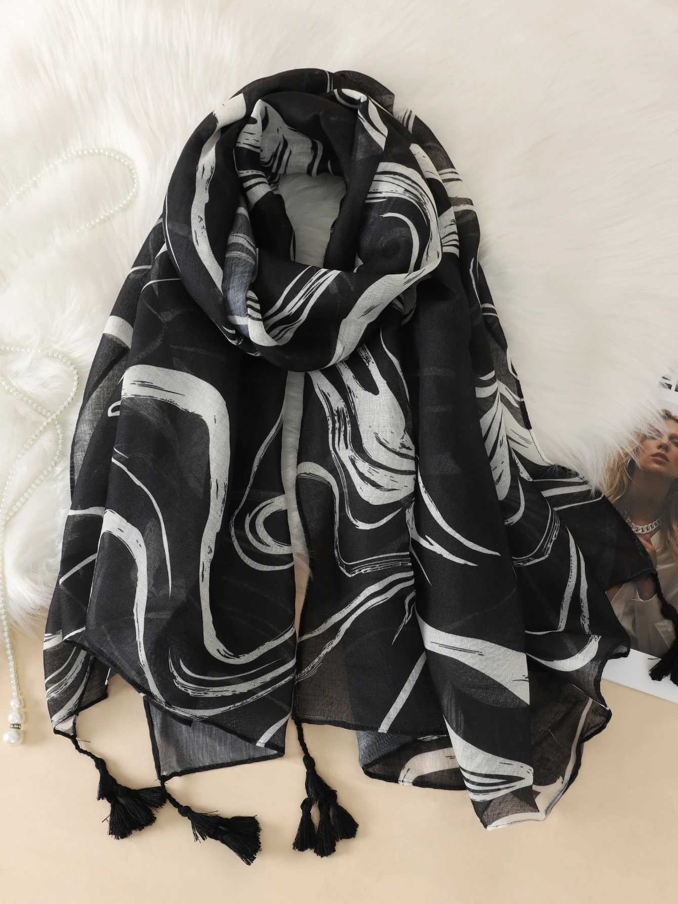 2023 Spanish Fashion Daisy Flower Tassel Adhesive Shawl Womens Printed Soft Pashmina Stor Bausnode Bouvandas Muslim Headscarf Sjaal W240810