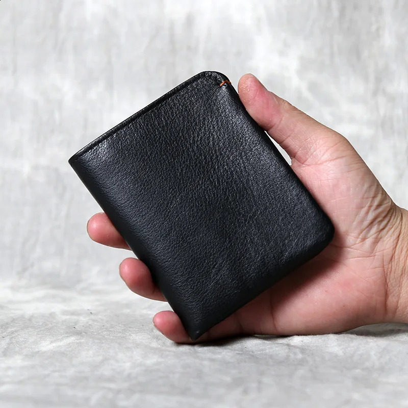 Leather wallet mens short sleeved handmade top cowhide retro casual edition ultrathin 240810