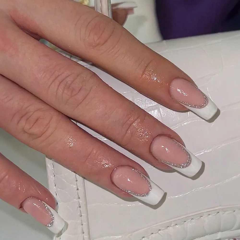 24 pieces of fake long French ballet nails set with diamonds fake nail press rhinestone artificial nails W240810