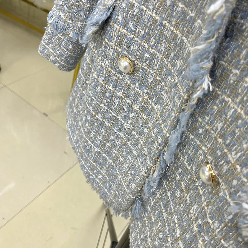 Blue Tweed Women Blazer Jacket Office Lady Plaid Double Breasted Button Up Coat Casual Girls Streetwear 240812