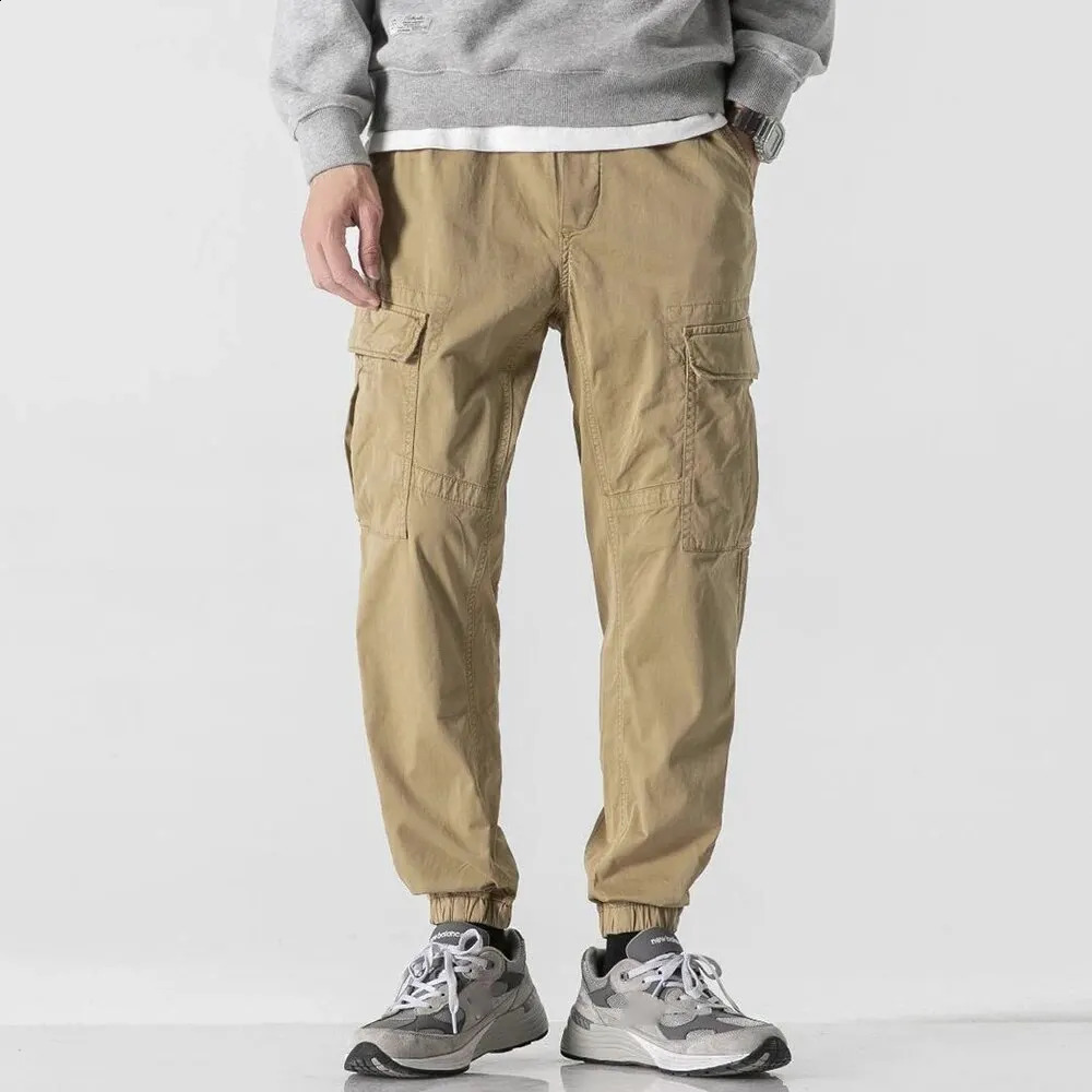 Mens Spring And Fall Loose Multi-Pocket Drawstring Work Pants Outdoor Washed Vintage High Street Hip-Hop Casual Pants 240812