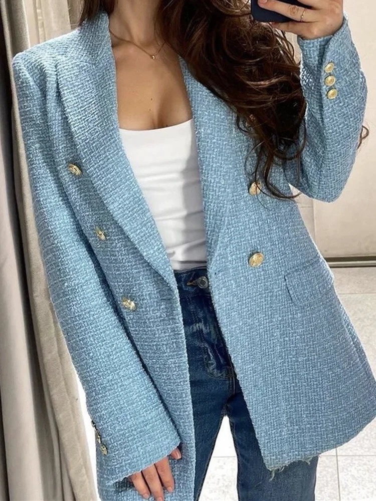 Women Fashion Blue Tweed Blazer Jacket Office Lady Double Breasted Pockets Vintage Female Coat Chic Streetwear Traje 240812