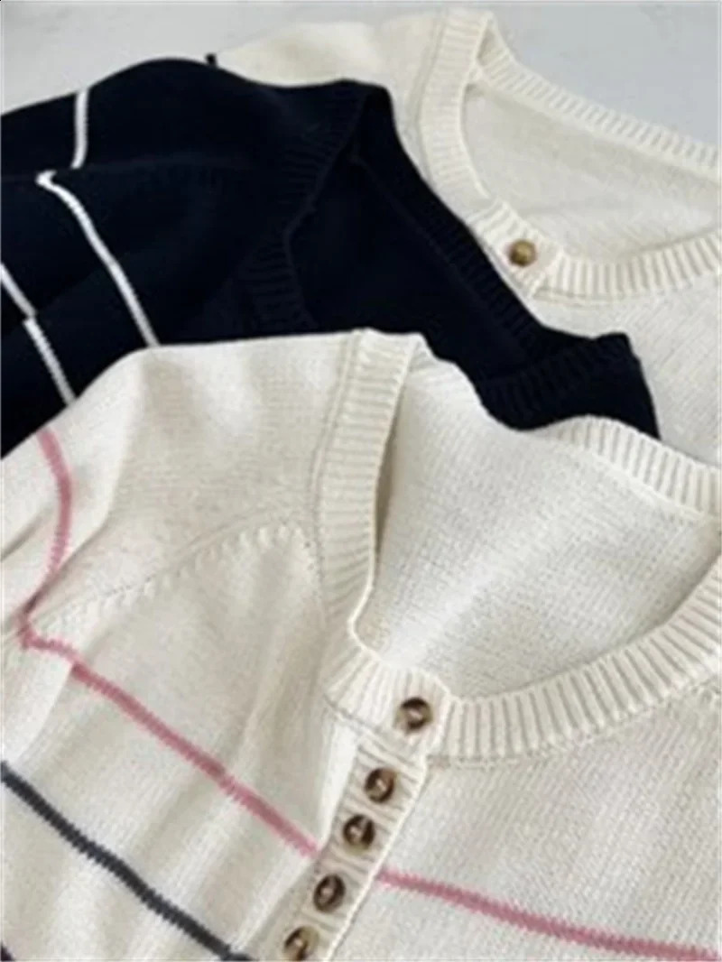 Autumn Womens Front Buttons Sweater Stripes Preppy Style O-neck Long Sleeve Female Pullover Tops 240812