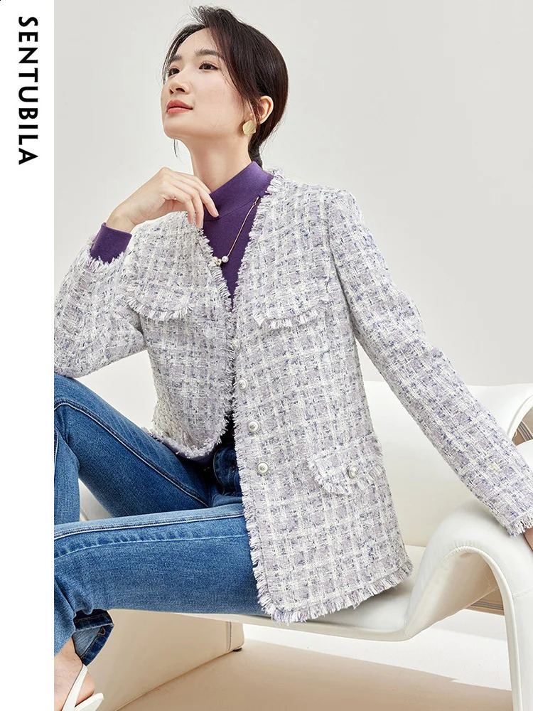 SENTUBILA Winter Tassel Trim Tweed Jackets for Women Elegant Outerwear Purple Plaid Straight-cut Long Sleeve Coats 133W519 240812