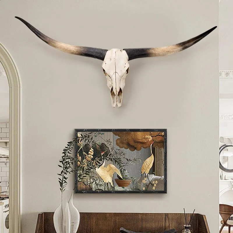 Oversized cow head wall hanging simulated animal skull sculpture craftsmanship retro home bar decoration pendant accent 240810