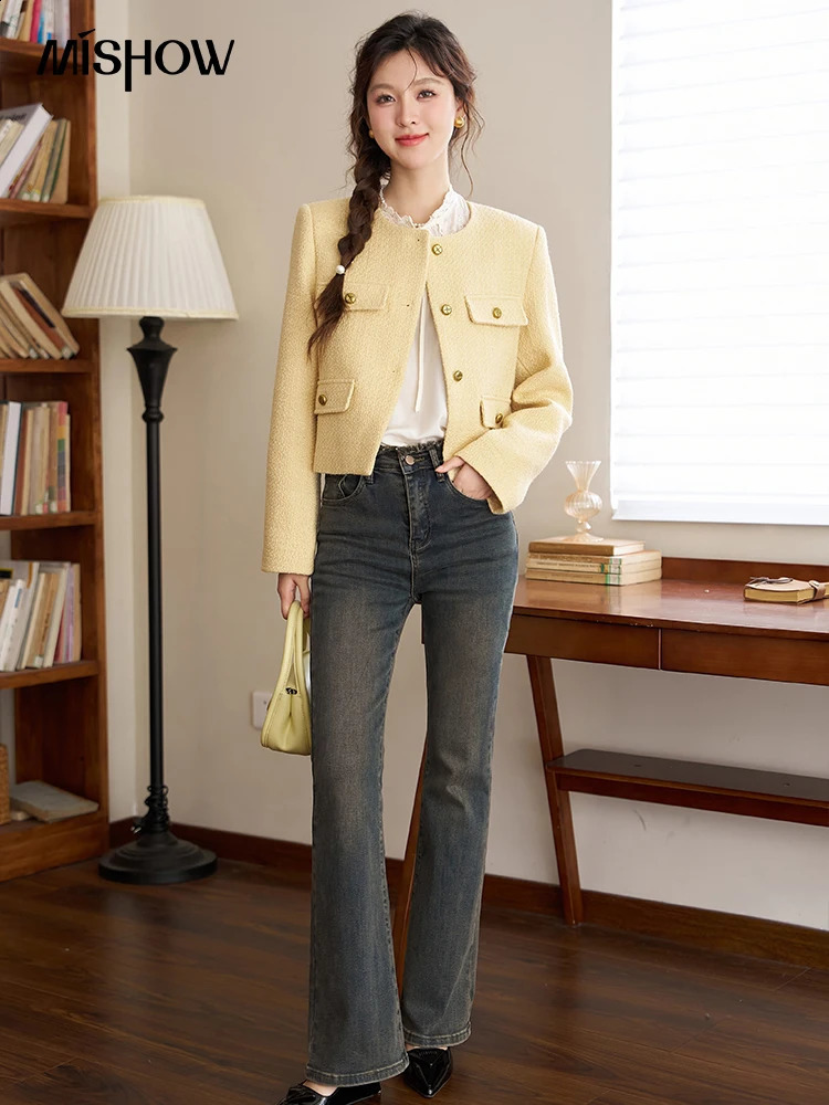 MISHOW Womens Wool Blend Tweed Short Coat Spring Autumn Woolen Cropped Sweet Solid Jacket Elegant Temperament Tops MXC44W0073 240812