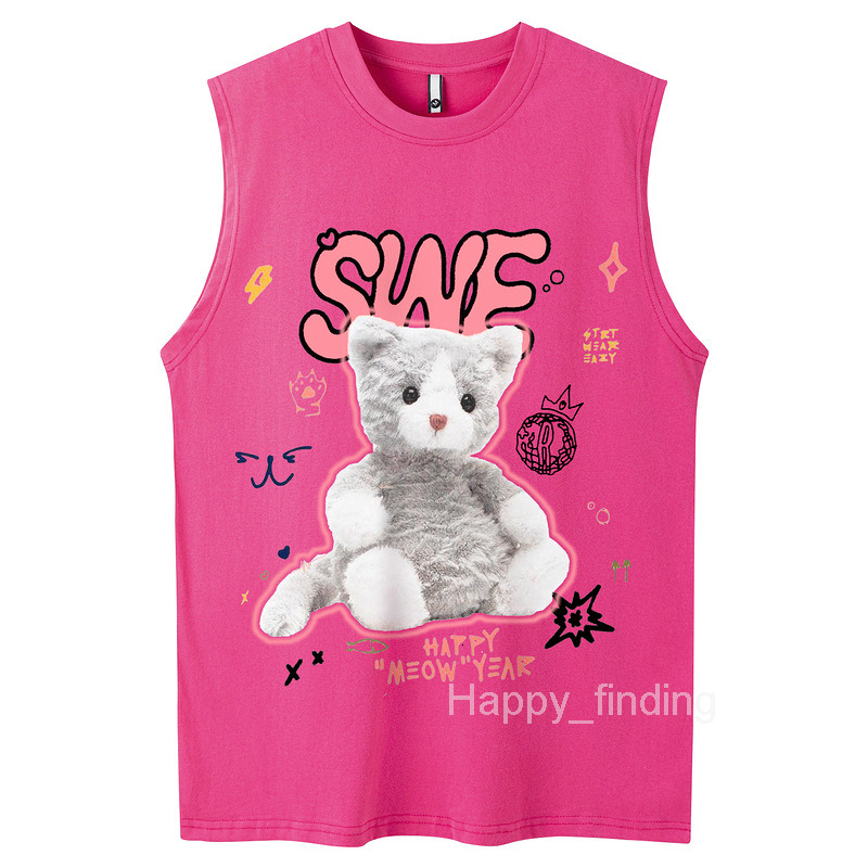 Mens Cool Pink Doll Printed Sleeveless Tank Top with Drop Feel Loose American Bottom Shirt
