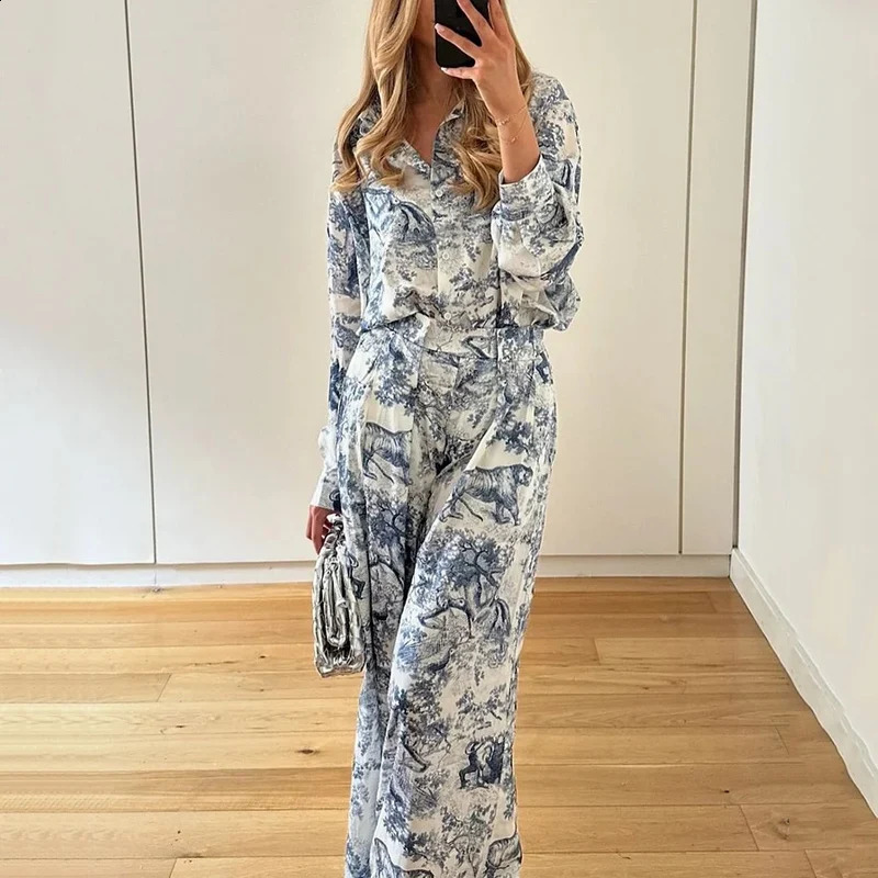 Wefads 2 Piece Set Women Casual Long Sleeve Lapel Printed Single Breasted Button Shirt Top Loose Wide Legs Pants Sets Streetwear 240812