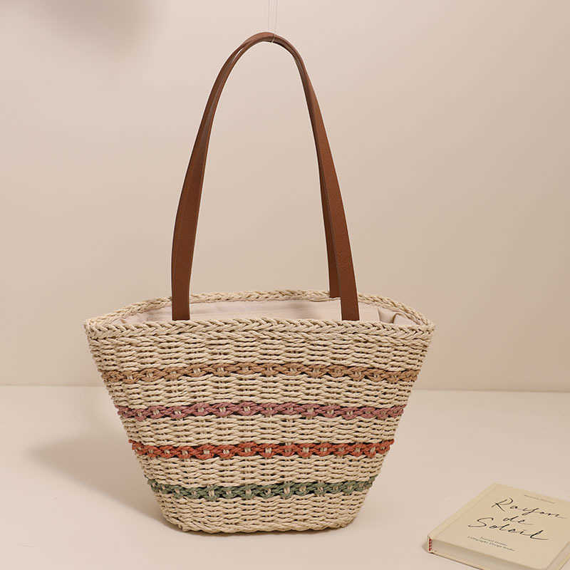 CMM Colorful Striped Single Shoulder French Woven Bag New Large Capacity Woven Bag Womens Beach Vacation Style Beach Bag