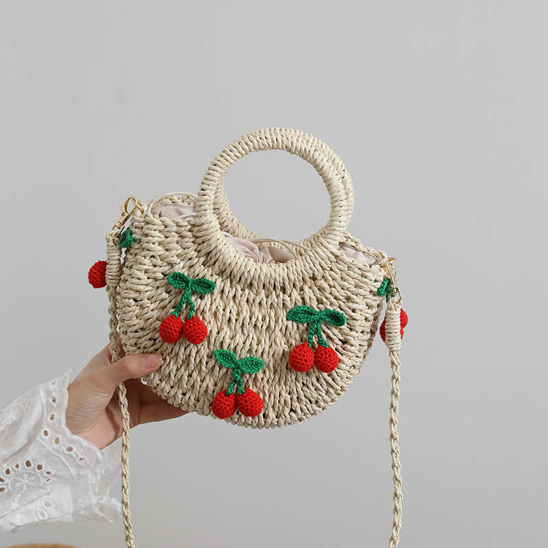 CMM New Cute Cherry Fresh Straw Woven Bag Handheld Woven Bag Strawberry Crossbody Bag Holiday Beach Bag