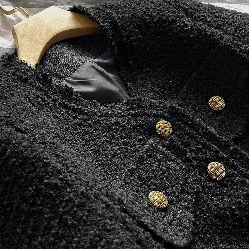Spring Autumn Womens Jacket Tweed Blazer Vintage Long Sleeve Button Korean Chic Short Coat Black Office Lady Clothing 240812