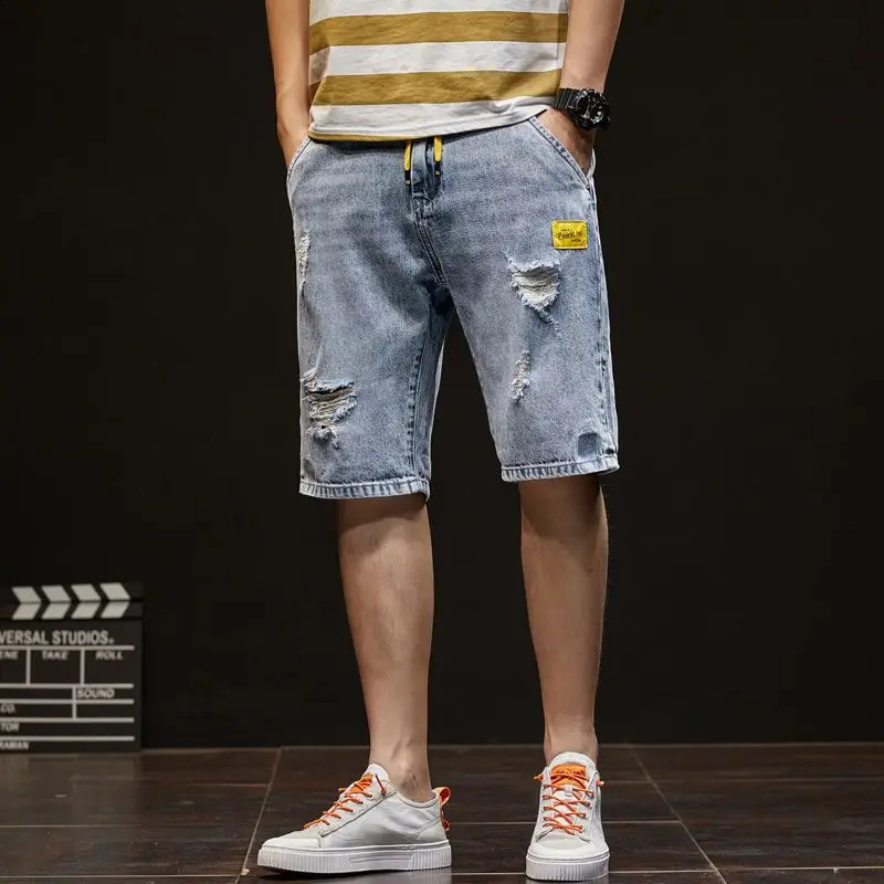 Mens Summer Thin Five Piece Pants Elastic Waist Drawstring Hole Loose Plus Size Trend Pants Casual Fashion Men Clothing 240812